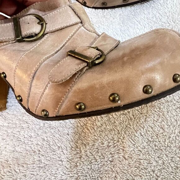 Dune Womens Beige Leather Mules Clogs Heels 41 Cone Heel Buckle Slip On - Picture 14 of 16